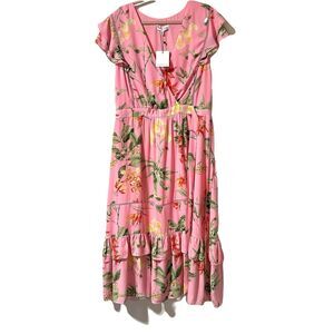 Gibson Latimer Faux Wrap Pink Floral Midi Dress Size 18 Ruffle NWT